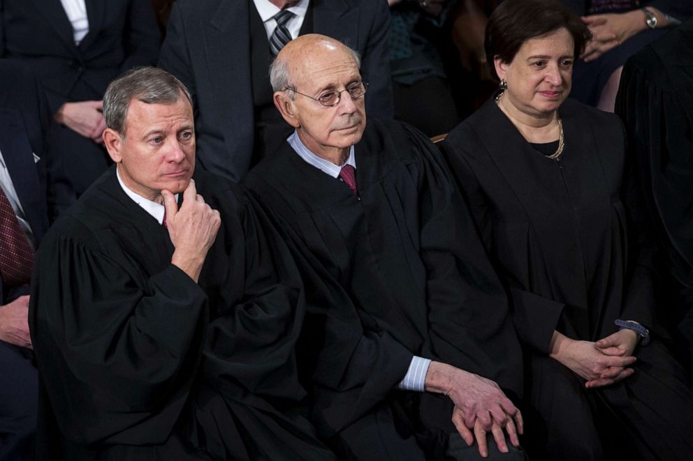 PHOTO: Supreme Court Justices, from left, Chief Justice John Roberts, Stephen Breyer, and Elena Kagan listen during a State of the Union address to a joint session of Congress at the U.S. Capitol in Washington on Jan. 30, 2018.