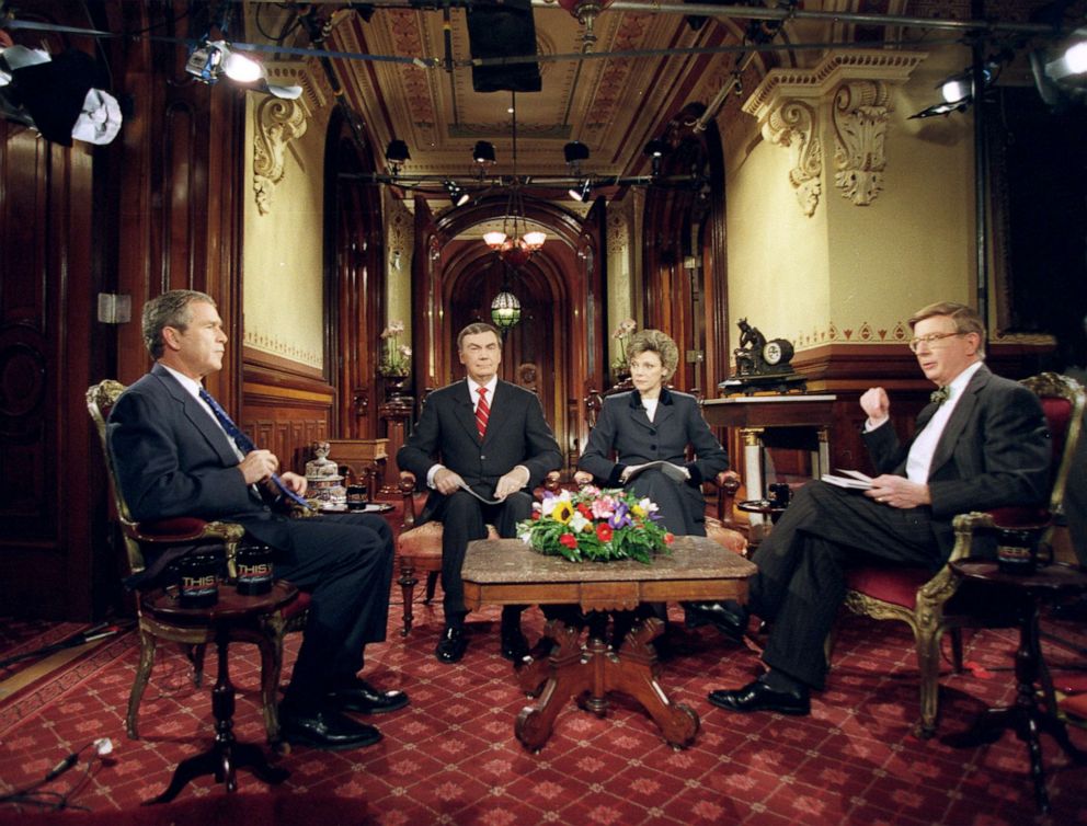 PHOTO: Presidential candidate George W. Bush was interviewed at the Iowa Caucus by Sam Donaldson, Cokie Roberts and George Will on "This Week," which aired Jan. 23, 2000, on the ABC Television Network.