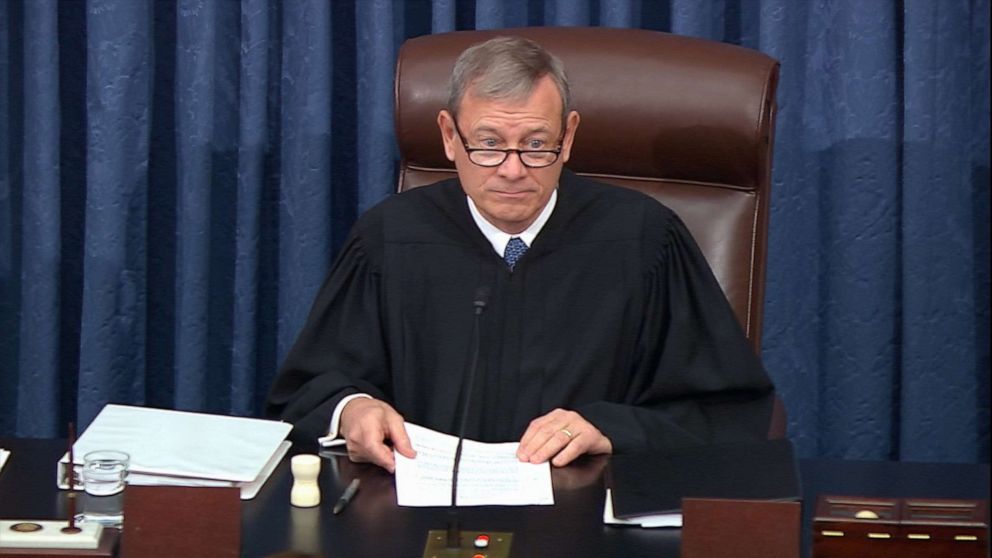PHOTO: Supreme Court Chief Justice John Roberts speaks during the impeachment trial against President Donald Trump in the Senate at the U.S. Capitol in Washington, D.C., Jan. 21, 2020.