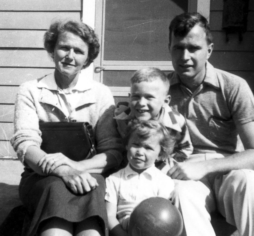  Dorothy Walker Bush with her son, George H. W. Bush, and grandchildren, George W. and Robin Bush.

April 1953.

(George Bush PL/Polaris)
					