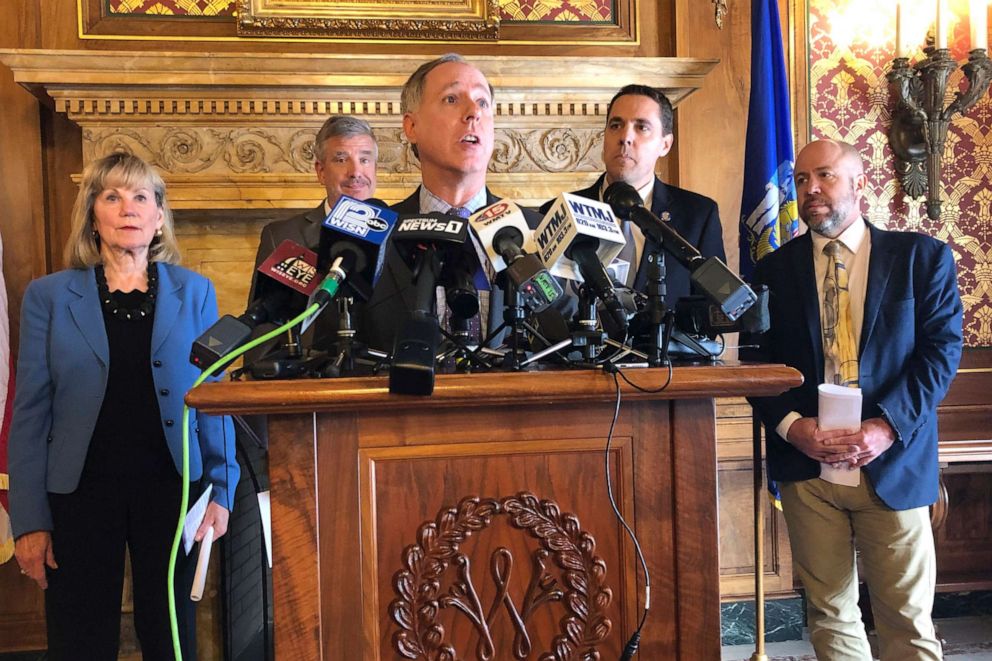 PHOTO: In this Jan. 22, 2020, file photo, Wisconsin Republican Assembly Speaker Robin Vos, center, flanked by Republican legislative leaders, is shown speaking in Madison, Wis.