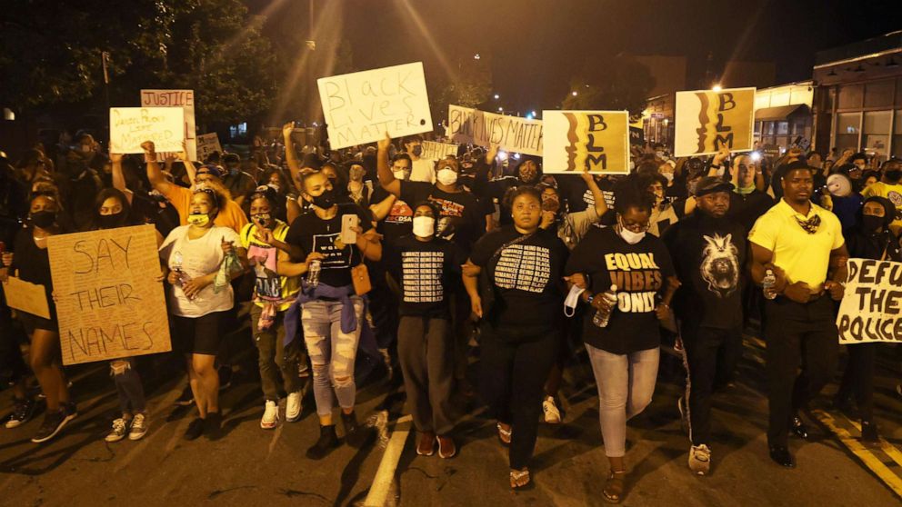PHOTO: Demonstrators march in protest towards the Rochester Police Station on Sept. 03, 2020, in Rochester, NY.