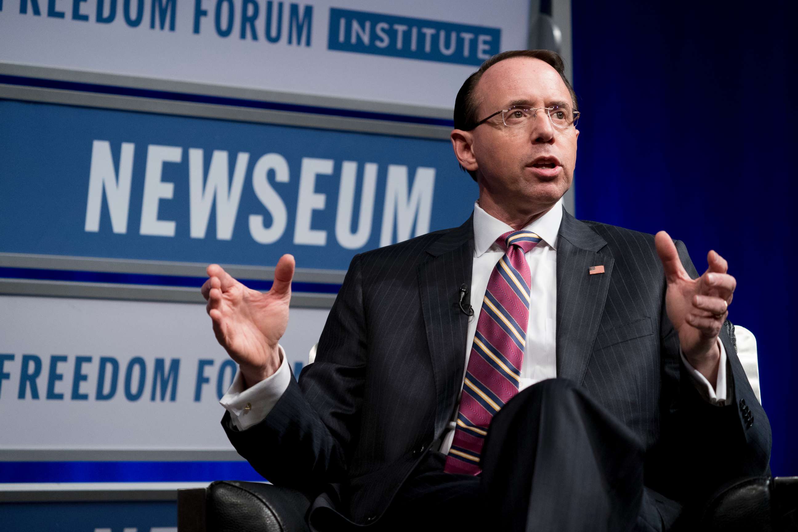 PHOTO: Deputy Attorney General Rod Rosenstein speaks during an event at the Newseum, May 1, 2018, in Washington D.C.