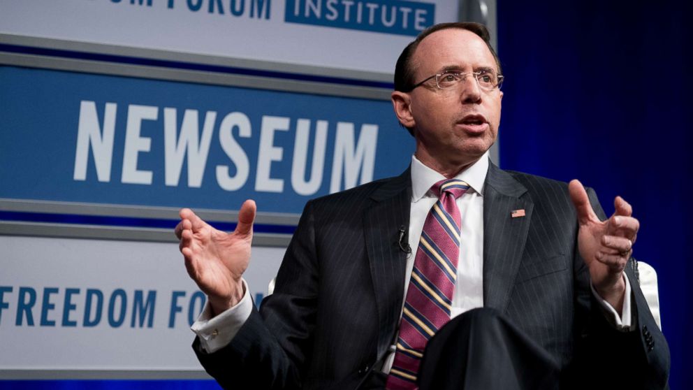 PHOTO: Deputy Attorney General Rod Rosenstein speaks during an event at the Newseum, May 1, 2018, in Washington D.C.