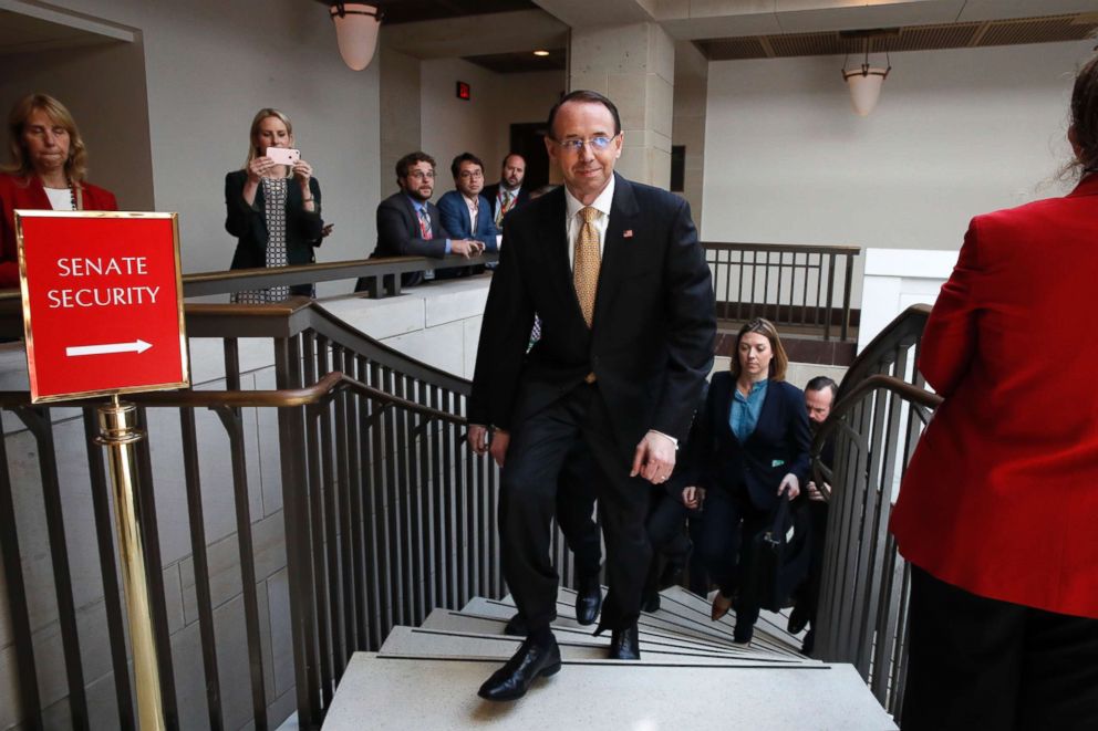 PHOTO: Deputy Attorney General Rod Rosenstein leaves a classified briefing about the federal investigation into President Donald Trump's 2016 campaign, on Capitol Hill in Washington, May 24, 2018.