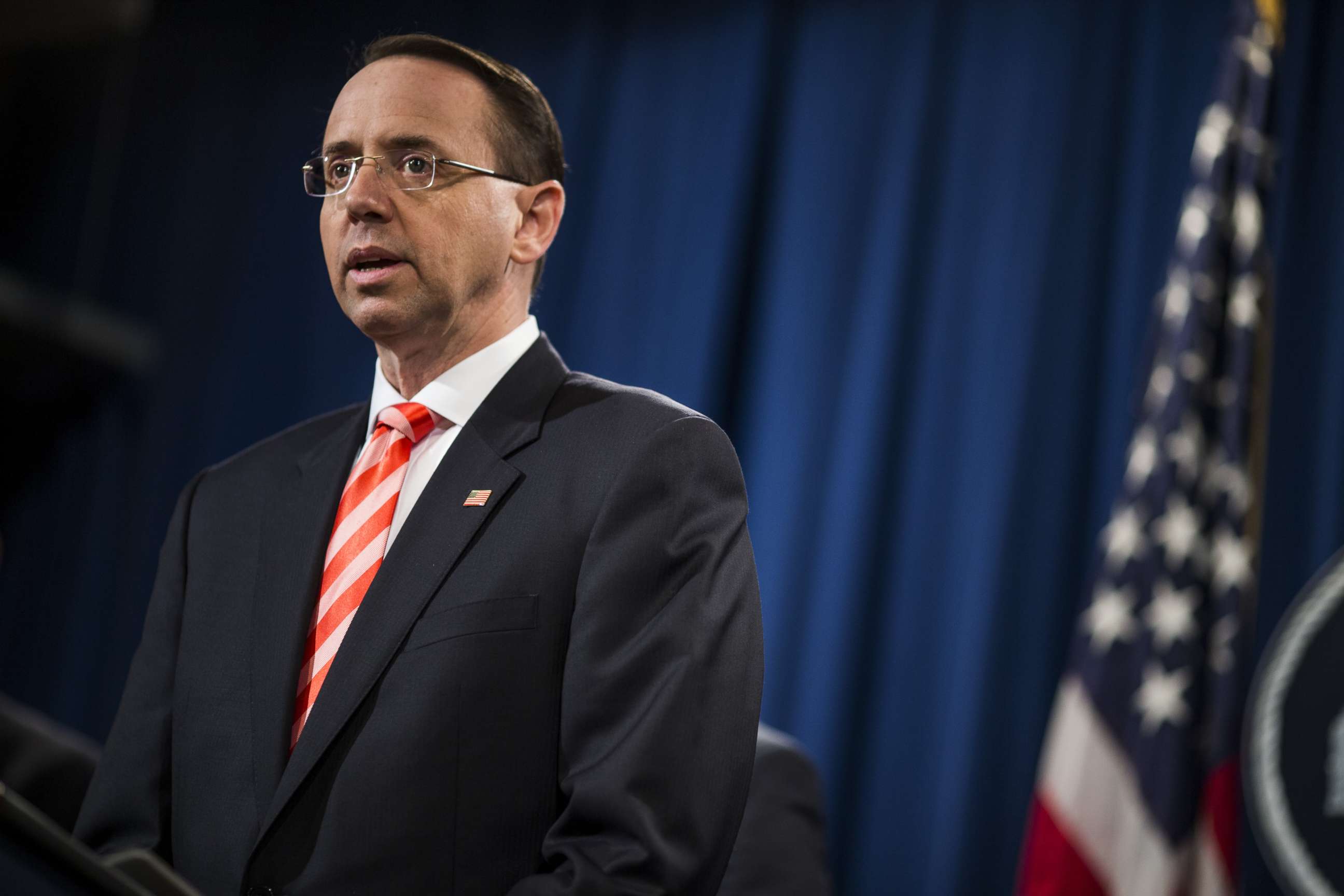 PHOTO: Rod Rosenstein, deputy attorney general, speaks during a news conference at the Department of Justice in Washington, March 23, 2018.
