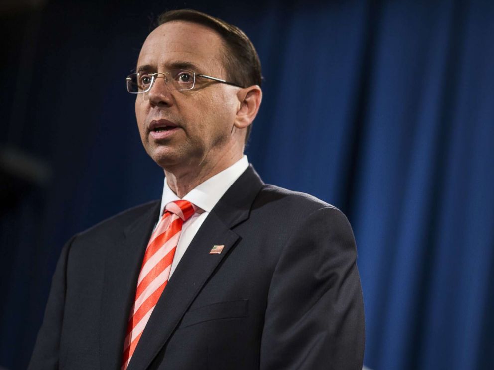 PHOTO: Rod Rosenstein, deputy attorney general, speaks during a news conference at the Department of Justice in Washington, March 23, 2018.