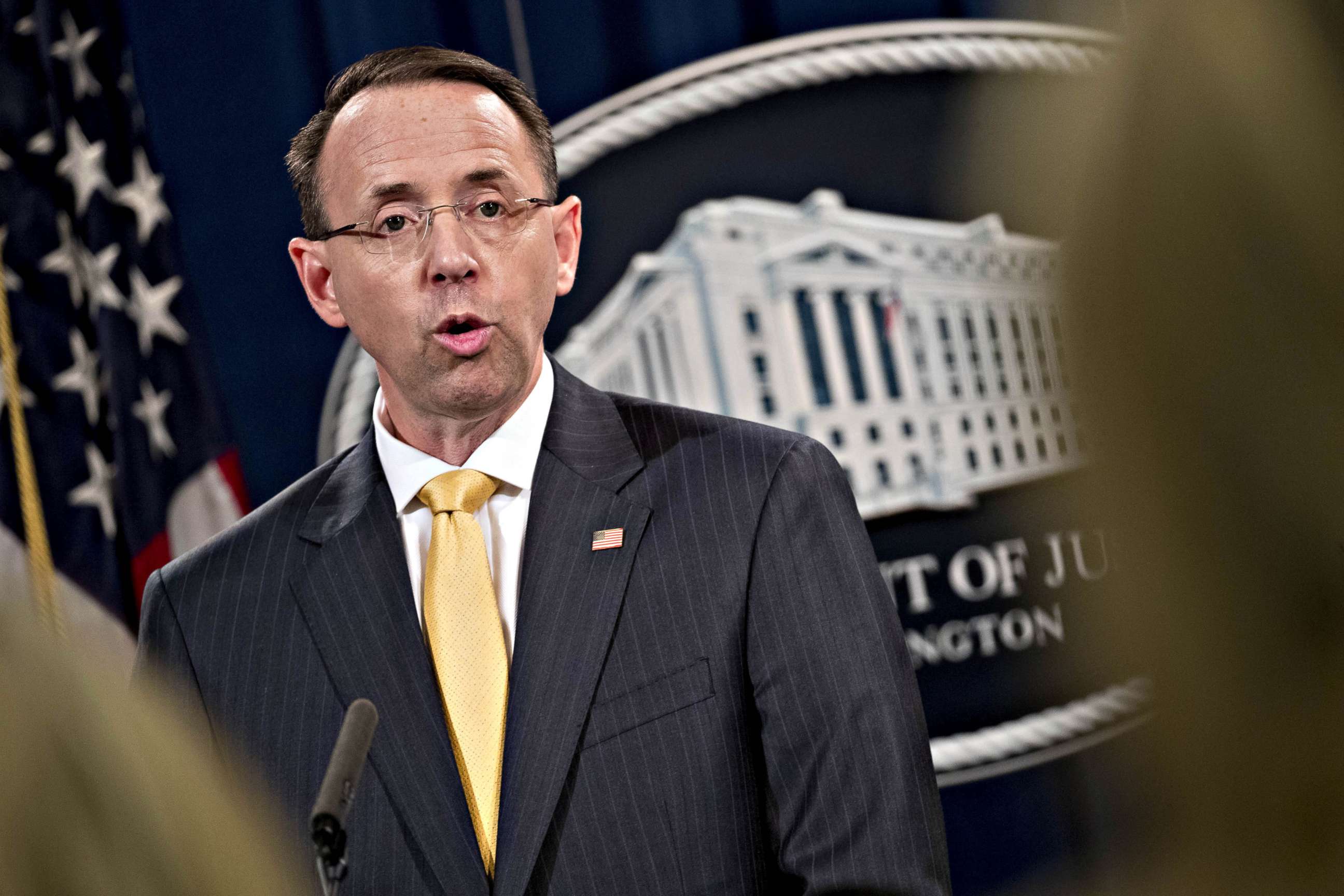 PHOTO: Rod Rosenstein, deputy attorney general, speaks during a news conference at the Department of Justice in Washington, Feb. 16, 2018.