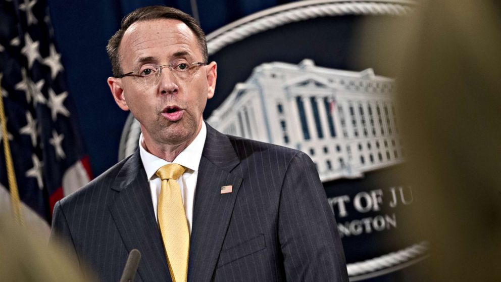 PHOTO: Rod Rosenstein, deputy attorney general, speaks during a news conference at the Department of Justice in Washington, Feb. 16, 2018.