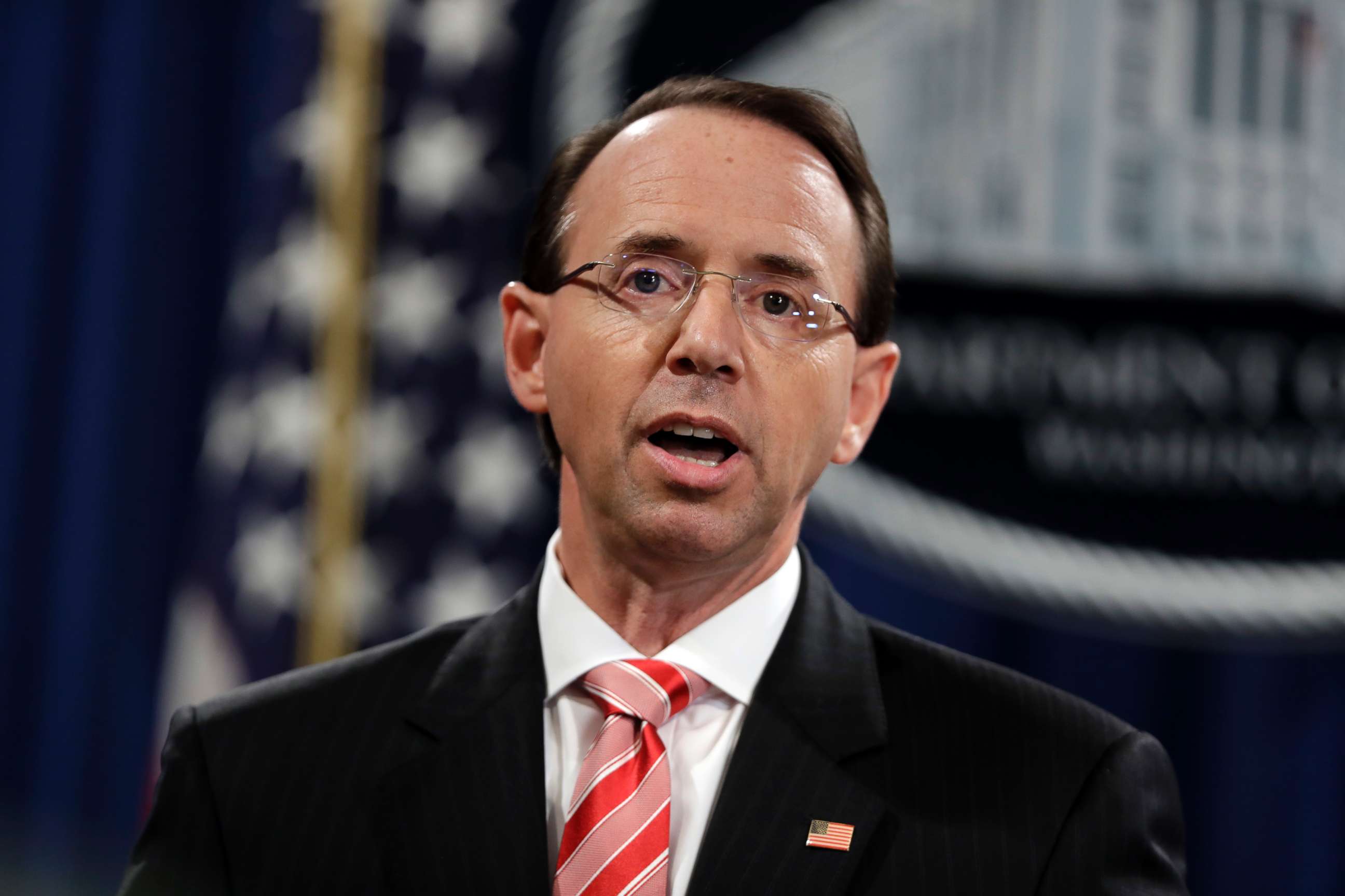 PHOTO: Deputy Attorney General Rod Rosenstein speaks during a news conference at the Department of Justice on July 13, 2018.