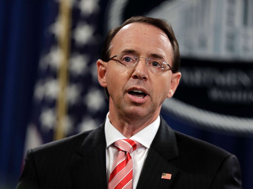 PHOTO: Deputy Attorney General Rod Rosenstein speaks during a news conference at the Department of Justice on July 13, 2018.