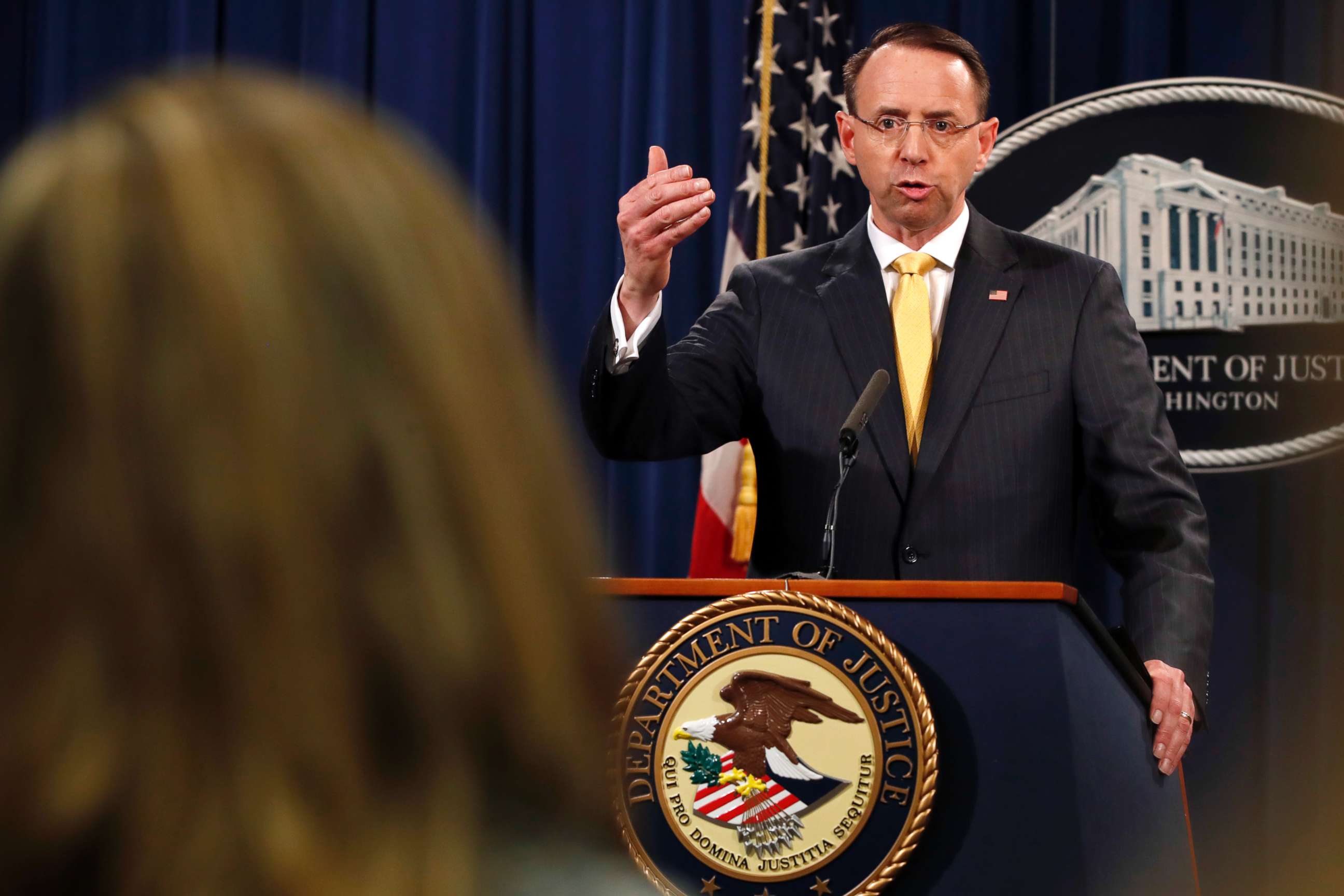 PHOTO: Deputy Attorney General Rod Rosenstein answers a question after announcing that the office of special counsel Robert Mueller announced a grand jury has charged 13 Russian nationals and several Russian entities, Feb. 16, 2018, in Washington.