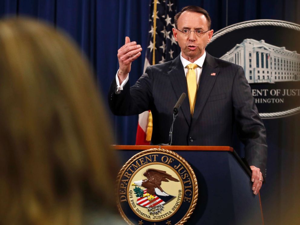 PHOTO: Deputy Attorney General Rod Rosenstein answers a question after announcing that the office of special counsel Robert Mueller announced a grand jury has charged 13 Russian nationals and several Russian entities, Feb. 16, 2018, in Washington.