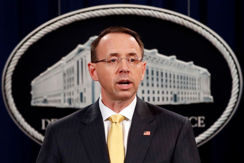PHOTO: Deputy Attorney General Rod Rosenstein, speaks to the media with an announcement that the office of special counsel Robert Mueller says a grand jury has charged 13 Russian nationals and several Russian entities, Feb. 16, 2018, in Washington.