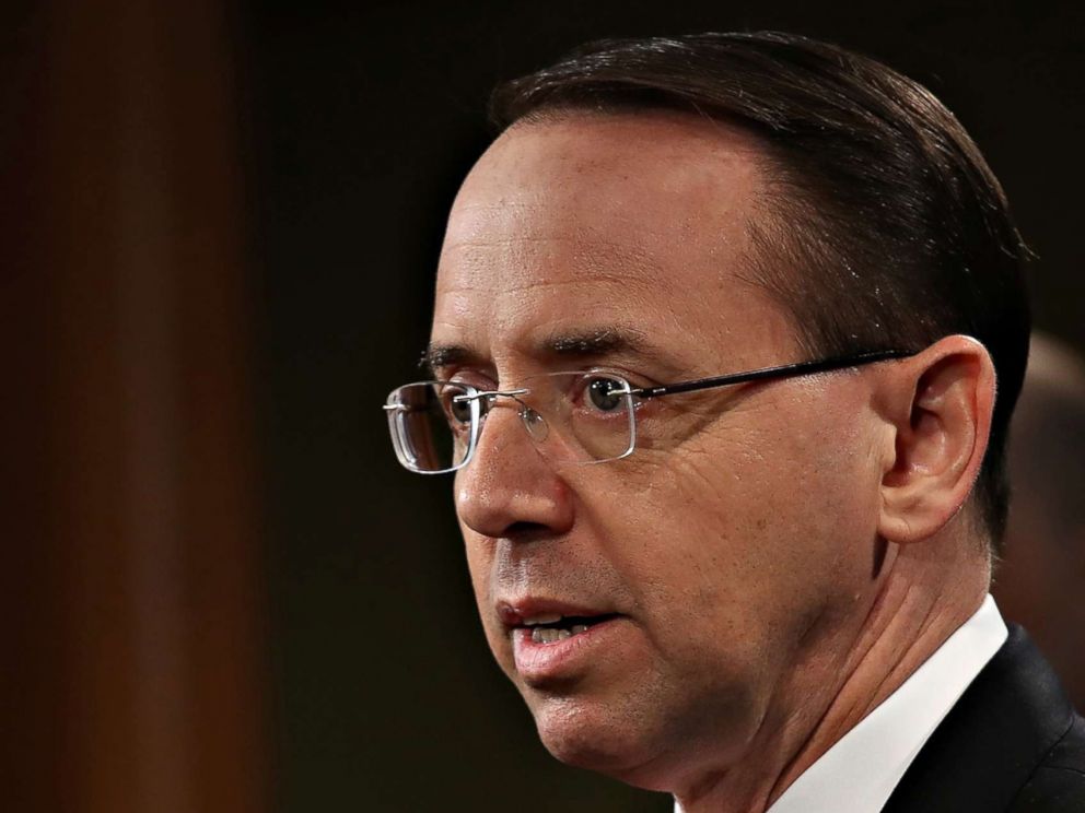 PHOTO: Deputy Attorney General Rod Rosenstein speaks at a press conference at the Department of Justice on March 23, 2018 in Washington, DC.