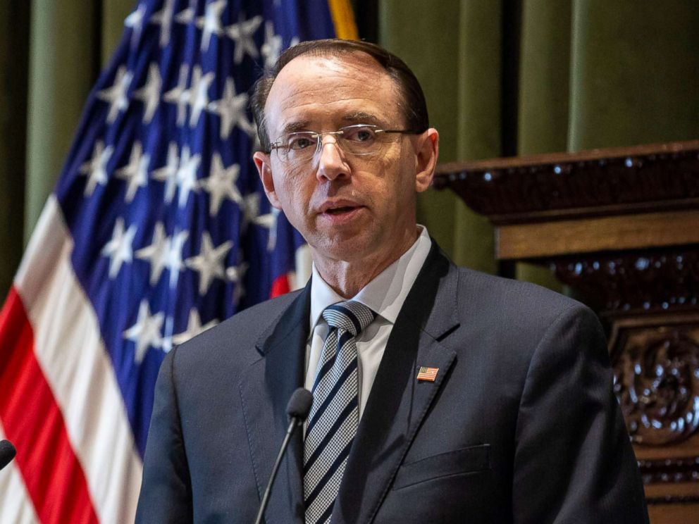 PHOTO: Deputy Attorney General Rod Rosenstein addresses the New York City Bar Associations White Collar Crime Institute in New York, May 9, 2018.