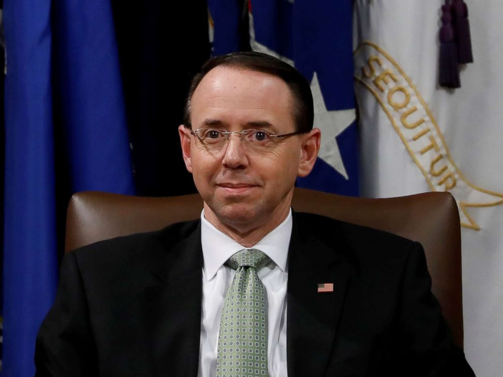 PHOTO: U.S. Deputy Attorney General Rod Rosenstein looks on at a summit about combating human trafficking at the Department of Justice in Washington, D.C., Feb. 2, 2018.