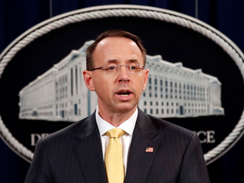 PHOTO: Deputy Attorney General Rod Rosenstein, speaks to the media with an announcement that the office of special counsel Robert Mueller says a grand jury has charged 13 Russian nationals and several Russian entities, Feb. 16, 2018, in Washington.