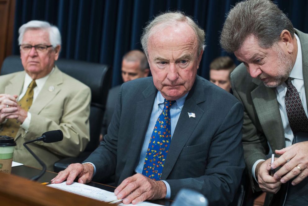 PHOTO: House Appropriations Chairman Rodney Frelinghuysen, R-N.J., center, talks with an aide before a House Appropriations State, Foreign Operations and Related Programs Subcommittee hearing on June 27, 2017. 