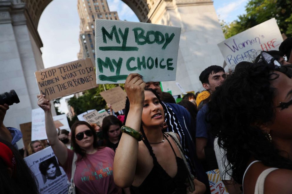 PHOTO: People gather at Washington Square Park to protest against the the Supreme Court's decision in the Dobbs v Jackson Women's Health case, June 24, 2022, in New York.