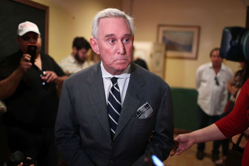 PHOTO: Roger Stone, a longtime political adviser and friend to President Donald Trump, speaks during a visit to the Womens Republican Club of Miami, May 22, 2017, in Coral Gables, Florida.