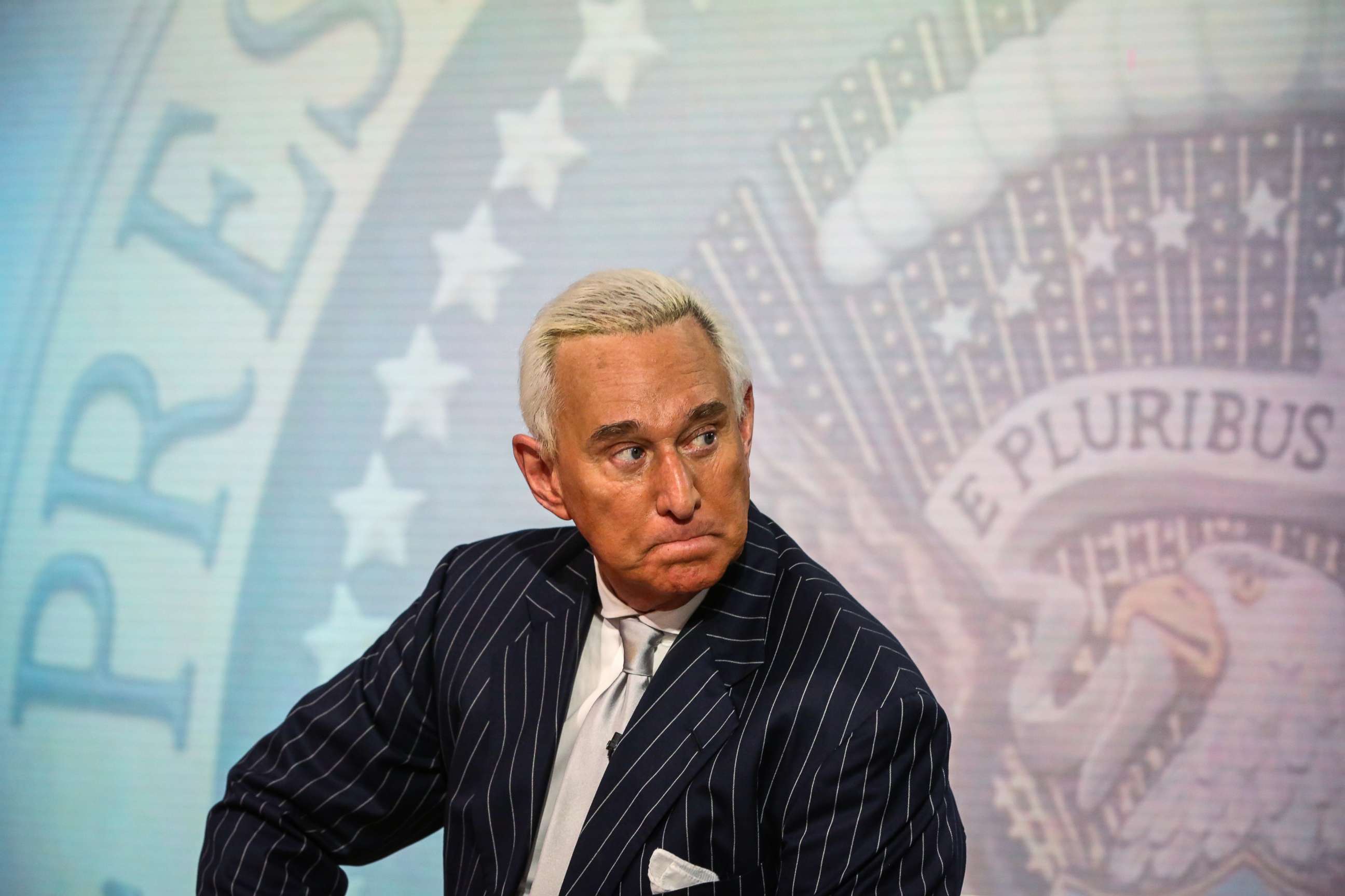 PHOTO: Roger Stone, former adviser to Donald Trump's presidential campaign, listens during a Bloomberg Television interview in New York, May 12, 2017.