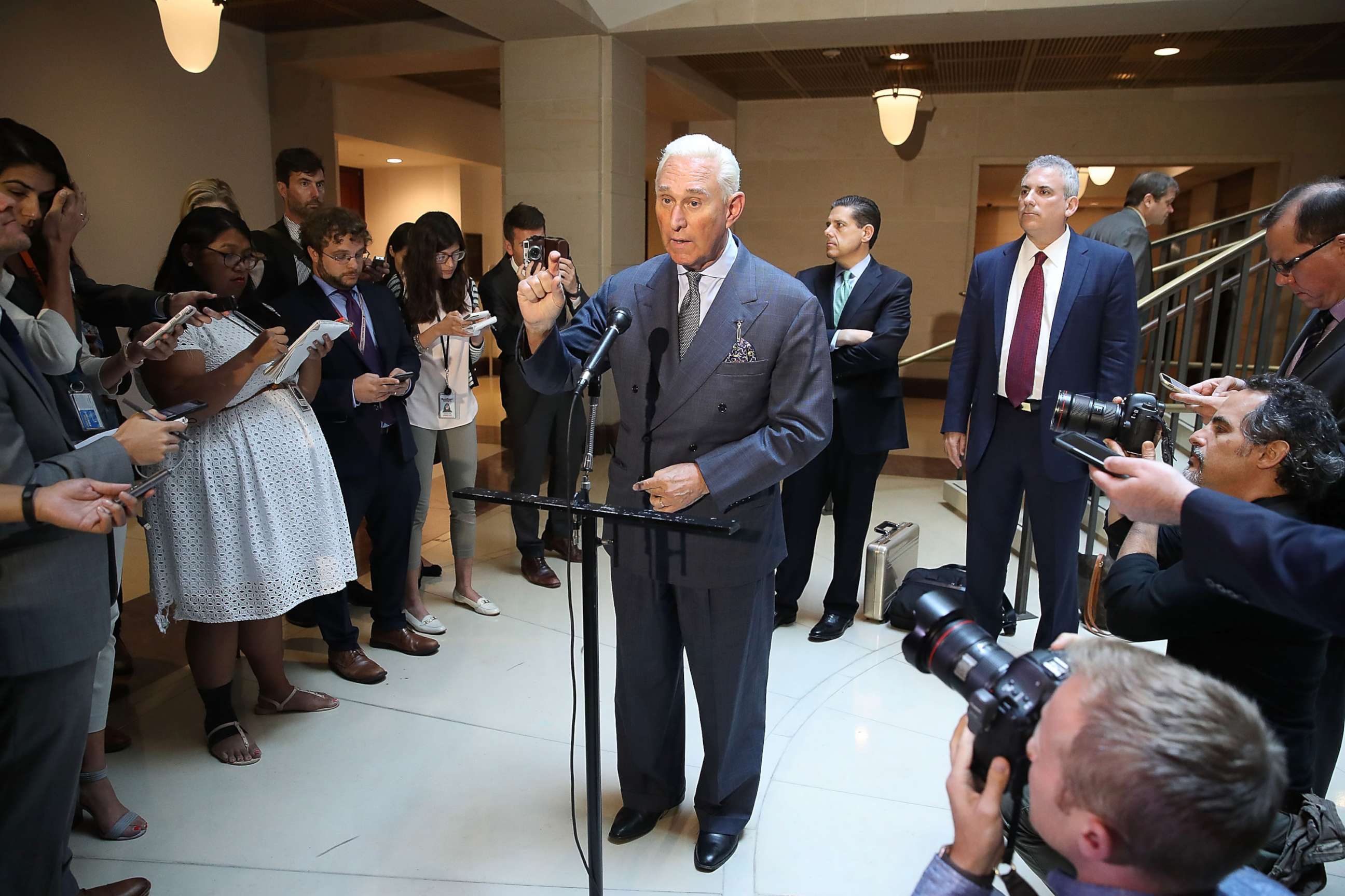 PHOTO: Roger Stone, former confidant to President Trump speaks to the media after appearing before the House Intelligence Committee during a closed door hearing, Sept. 26, 2017, in Washington, DC.