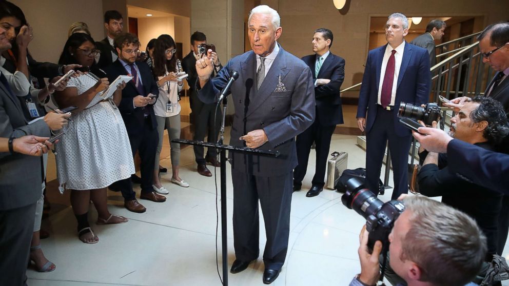 PHOTO: Roger Stone, former confidant to President Trump speaks to the media after appearing before the House Intelligence Committee during a closed door hearing, Sept. 26, 2017, in Washington, DC.