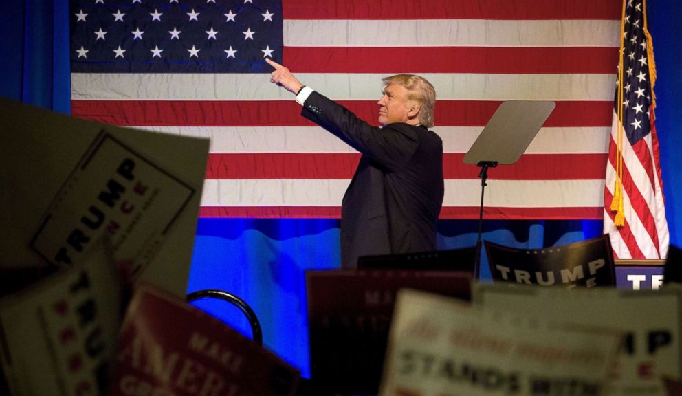 PHOTO: Donald Trump, 2016 Republican presidential nominee, points to the crowd during a campaign event in Scranton, Penn., Nov. 7, 2016.