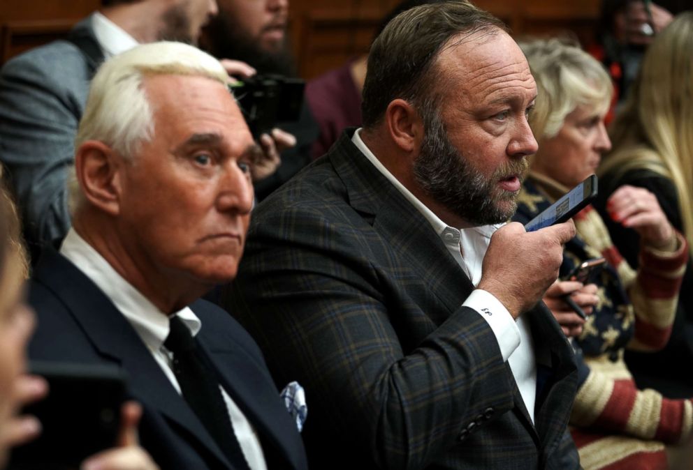 PHOTO: Political strategist Roger Stone and Alex Jones of Infowars attend the testimony of Google CEO Sundar Pichai at the Rayburn House Office Building on Dec. 11, 2018, in Washington.