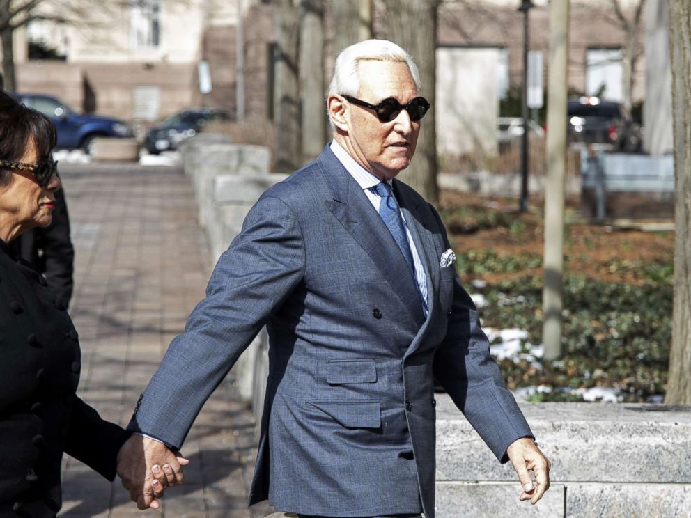 PHOTO: Roger Stone, former adviser and long time associate of President Trump, arrives at the E. Barrett Prettyman U.S. Courthouse, Feb. 21, 2019, in Washington, DC.