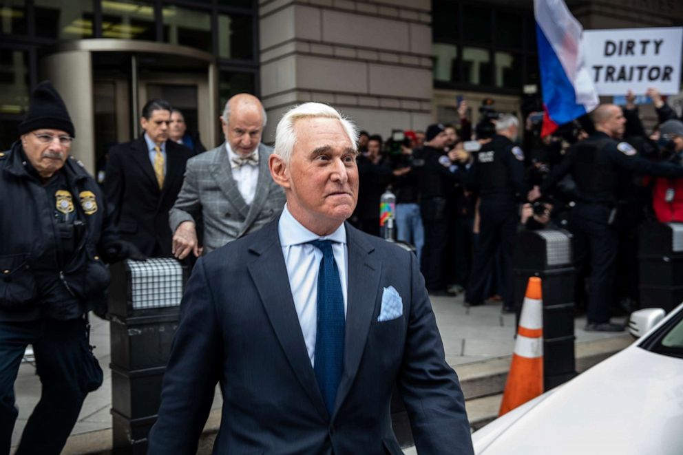 PHOTO: Roger Stone, longtime advisor to President Donald Trump, leaves the U.S. District Courthouse after his arraignment in Washington, D.C., Jan. 29, 2019.
