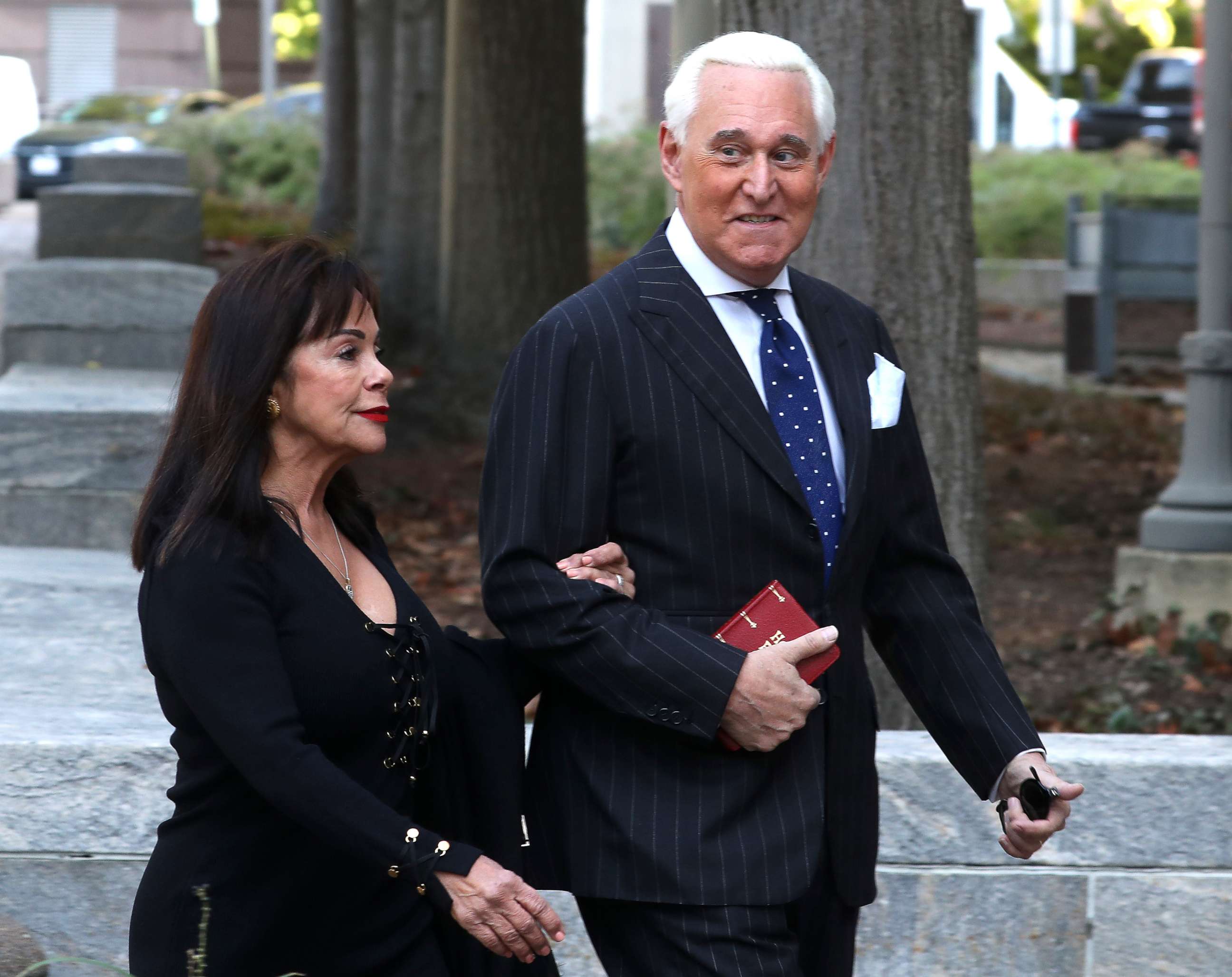 PHOTO: Roger Stone, former advisor to President Donald Trump, and his wife Nydia Stone arrive at the E. Barrett Prettyman United States Courthouse, Nov. 15, 2019, in Washington, DC.