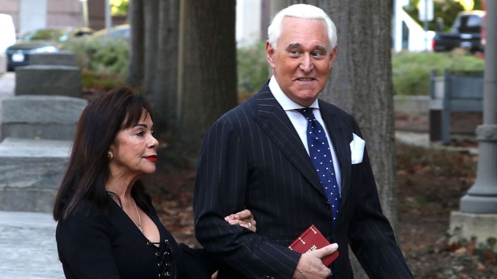 PHOTO: Roger Stone, former advisor to President Donald Trump, and his wife Nydia Stone arrive at the E. Barrett Prettyman United States Courthouse, Nov. 15, 2019, in Washington, DC.
