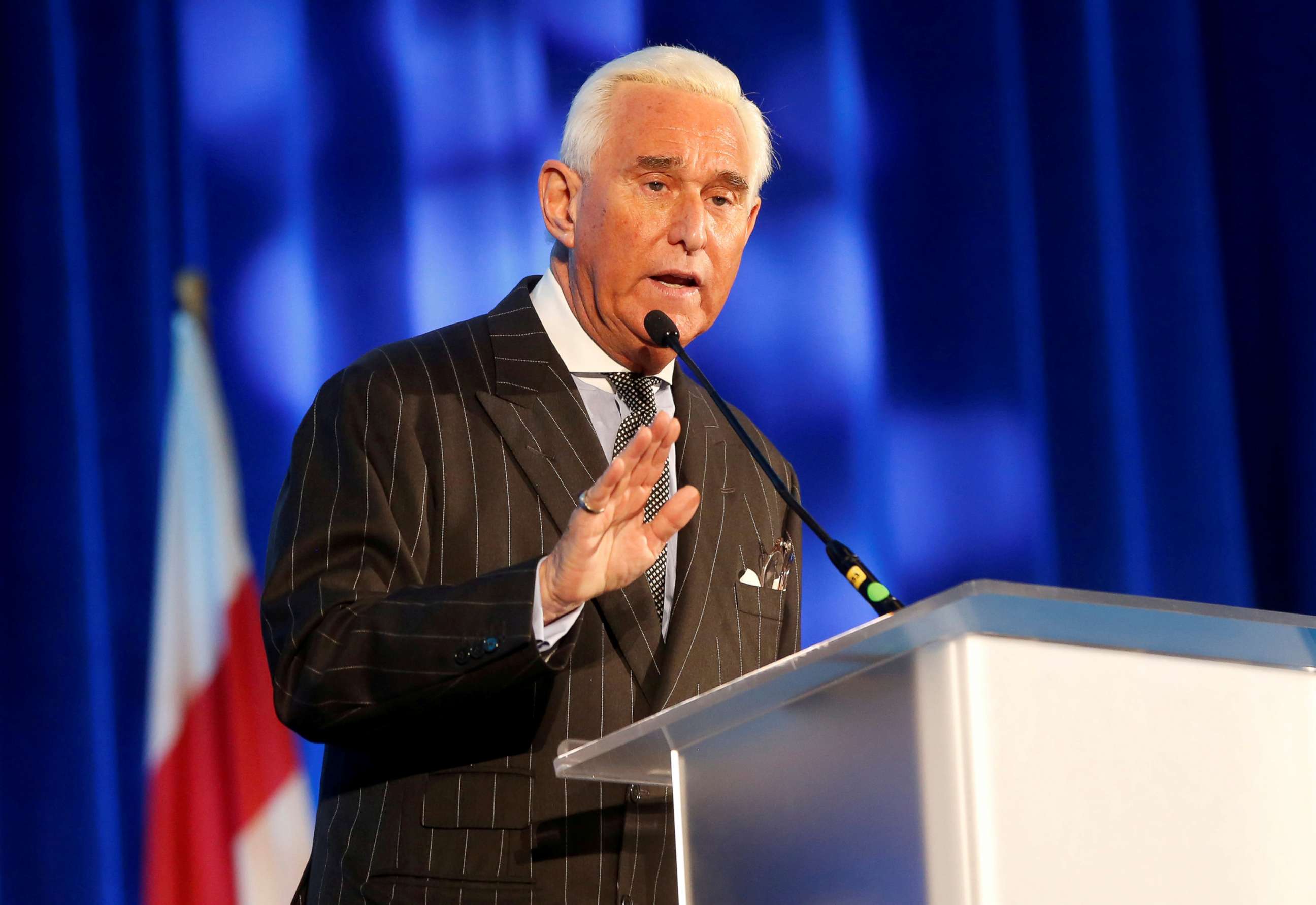 PHOTO: Political operative Roger Stone speaks at the American Priority conference in Washington D.C., in this Dec. 6, 2018 file photo.