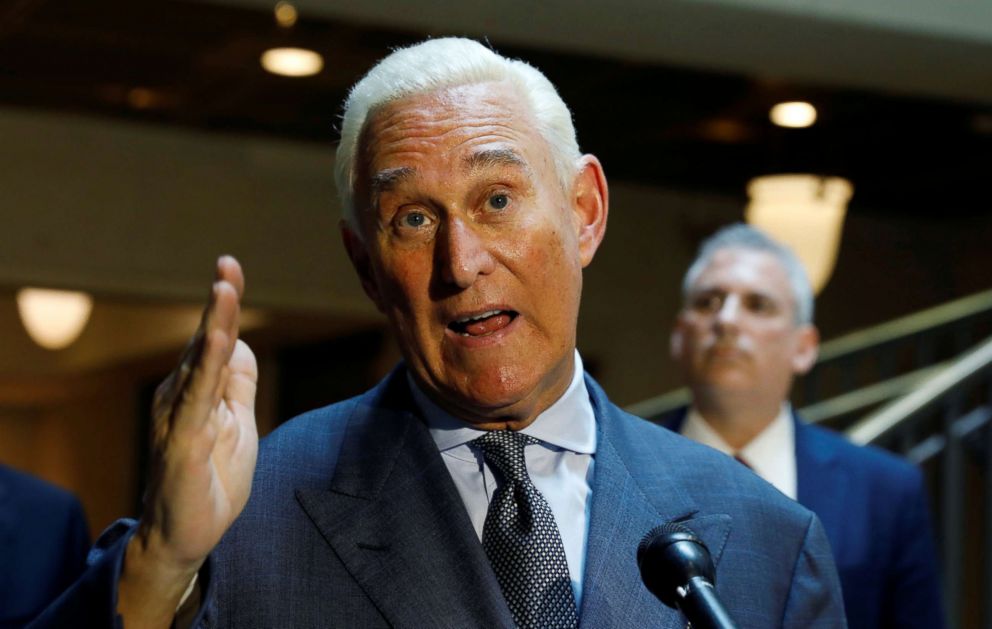 PHOTO: U.S. political consultant Roger Stone, a longtime ally of President Donald Trump, speaks to reporters after appearing before a closed House Intelligence Committee hearing at the U.S. Capitol in Washington, Sept. 26, 2017.