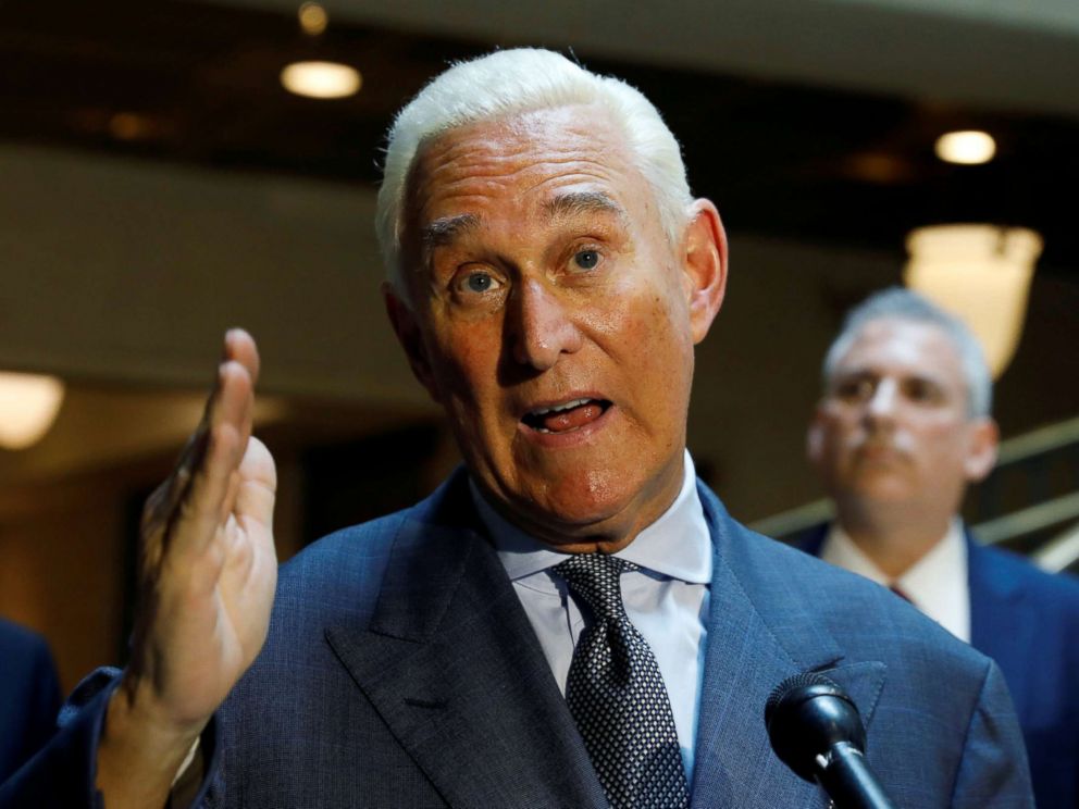 PHOTO: U.S. political consultant Roger Stone, a longtime ally of President Donald Trump, speaks to reporters after appearing before a closed House Intelligence Committee hearing at the U.S. Capitol in Washington, Sept. 26, 2017.