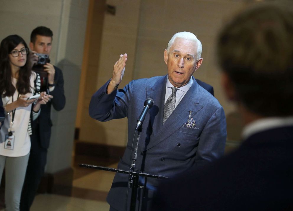 PHOTO: Roger Stone, former confidant to President Trump speaks to the media after appearing before the House Intelligence Committee closed door hearing, Sept. 26, 2017, in Washington, DC.