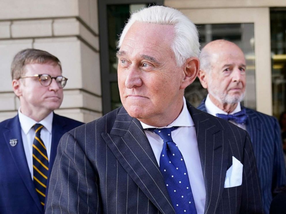 PHOTO: Former adviser to President Donald Trump, Roger Stone, departs the E. Barrett Prettyman United States Courthouse with his wife after being found guilty of obstructing a congressional investigation on Nov. 15, 2019, in Washington.