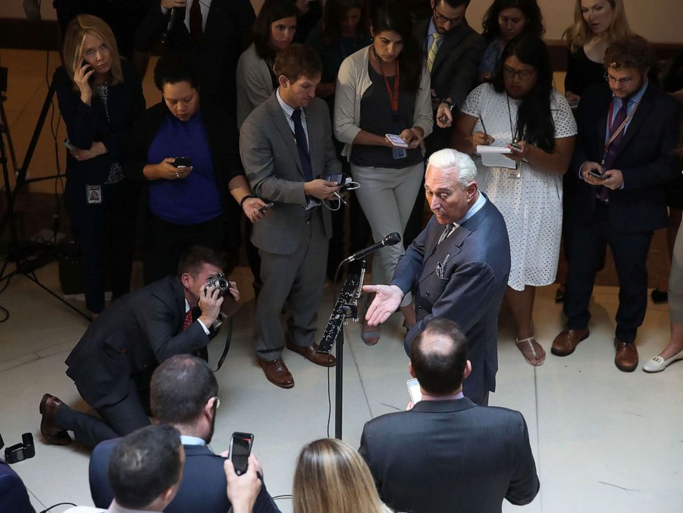 PHOTO: Roger Stone, former confidant to President Donald Trump speaks to the media after appearing before the House Intelligence Committee during a closed door hearing on Russian interference in the 2016 election, Sept. 26, 2017 in Washington, D.C. 