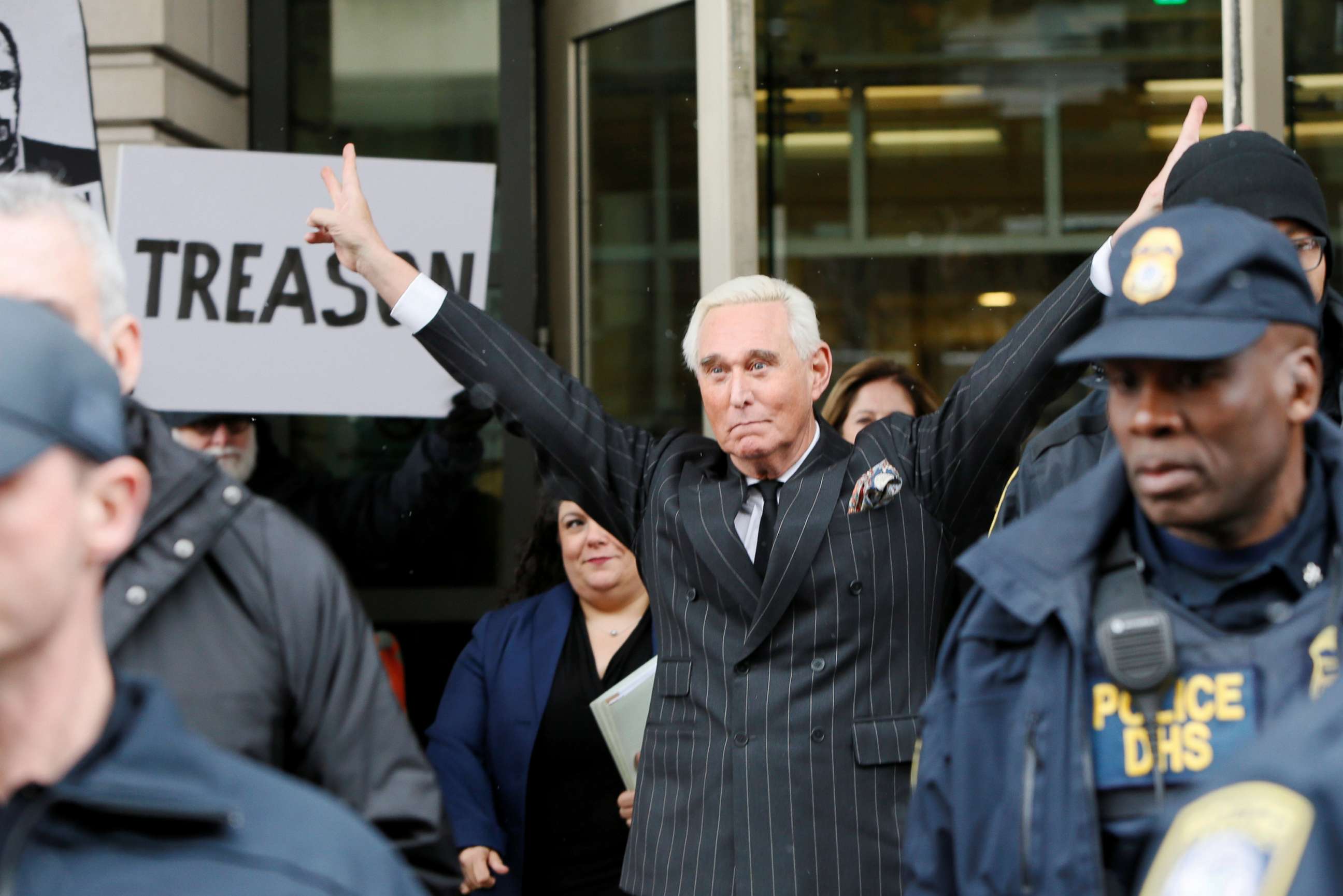 PHOTO: Roger Stone, longtime political ally of President Donald Trump departs following a status conference in the criminal case against him brought by Special Counsel Robert Mueller in Washington D.C., Feb. 1, 2019.