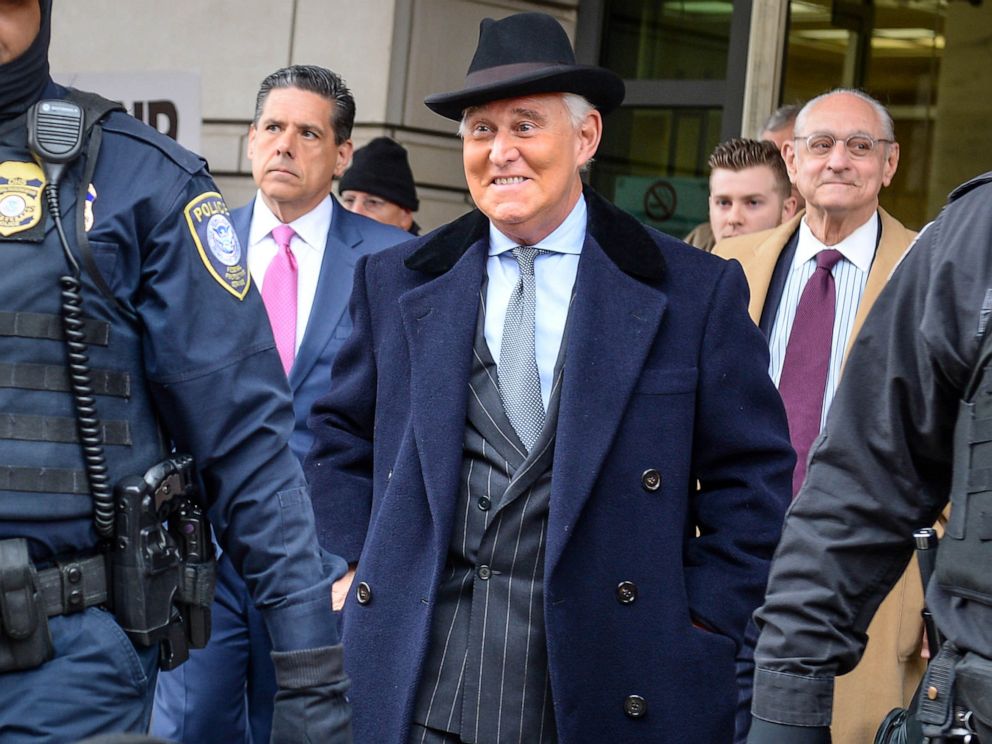 PHOTO: In this Feb. 20, 2020, file photo, former Trump campaign adviser Roger Stone departs following his sentencing hearing at U.S. District Court in Washington, D.C.