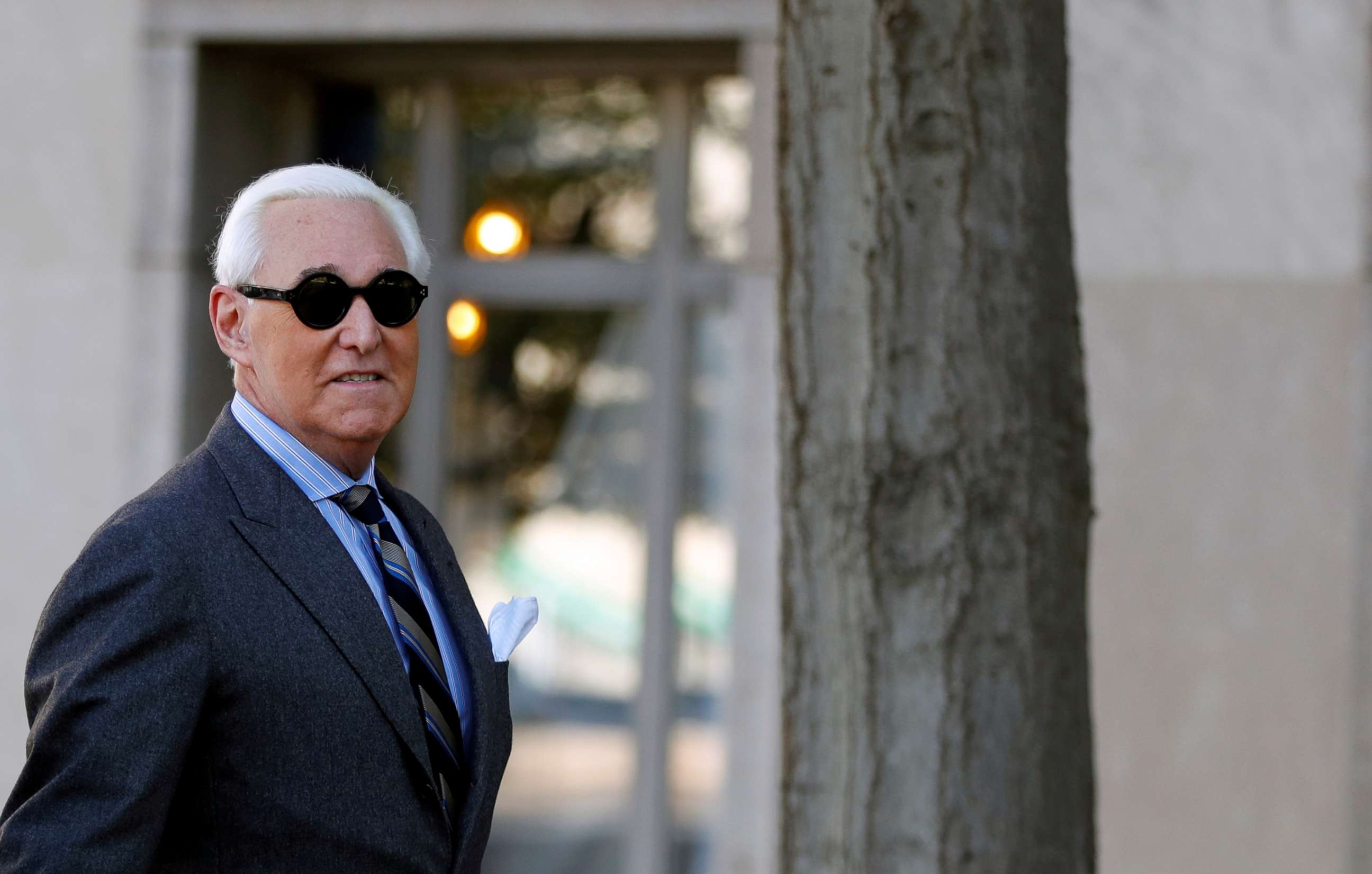 PHOTO: File photo: Roger Stone, former campaign adviser President Donald Trump, arrives for his criminal trial on charges of lying to Congress, obstructing justice and witness tampering at U.S. District Court in Washington, Nov. 13, 2019.