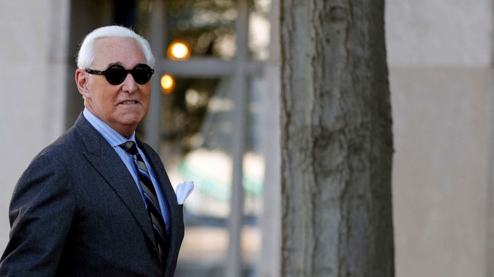PHOTO: File photo: Roger Stone, former campaign adviser President Donald Trump, arrives for his criminal trial on charges of lying to Congress, obstructing justice and witness tampering at U.S. District Court in Washington, Nov. 13, 2019.