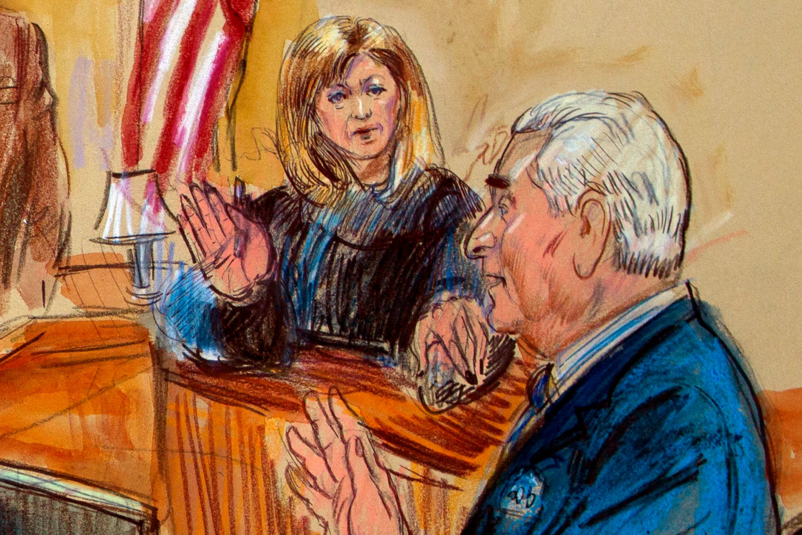 PHOTO: This courtroom sketch shows former campaign adviser for President Donald Trump, Roger Stone talking from the stand as Judge Amy Berman Jackson listens during a court hearing at the U.S. District Courthouse in Washington, Thursday, Feb. 21, 2019.