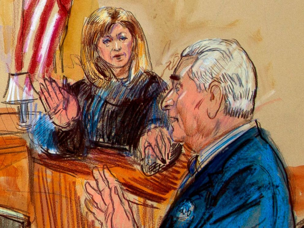 PHOTO: This courtroom sketch shows former campaign adviser for President Donald Trump, Roger Stone talking from the stand as Judge Amy Berman Jackson listens during a court hearing at the U.S. District Courthouse in Washington, Thursday, Feb. 21, 2019.