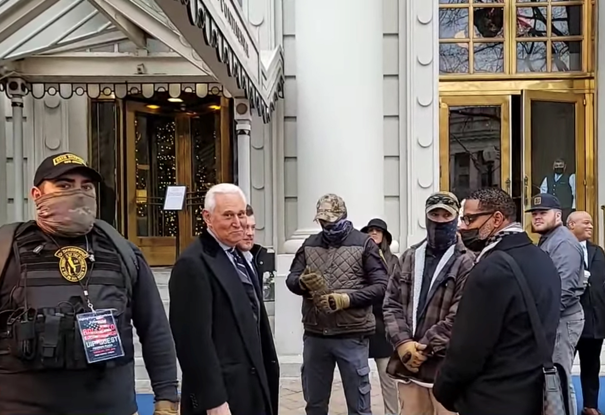 PHOTO: In a video frame grab, longtime Donald Trump adviser Roger Stone is seen outside a Washington, D.C., hotel with members of the Oath Keepers on the morning of Jan. 6, 2021.