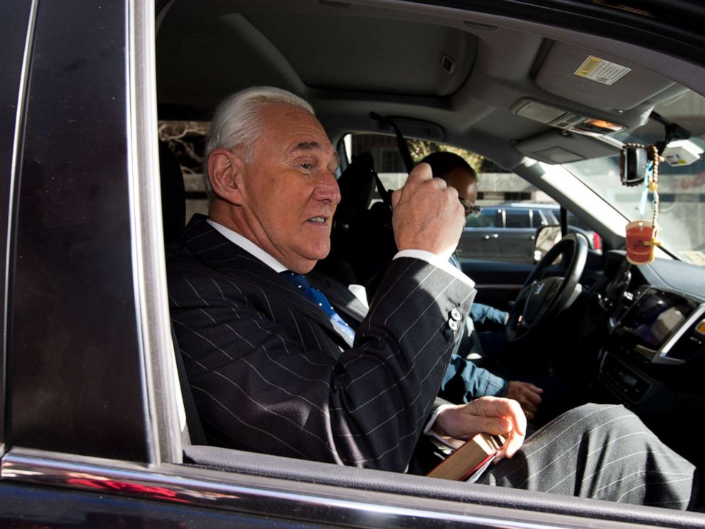 PHOTO: In this Nov. 15, 2019, file photo, Roger Stone leaves federal court in Washington. The Justice Department has sued former President Donald Trump's ally Stone.