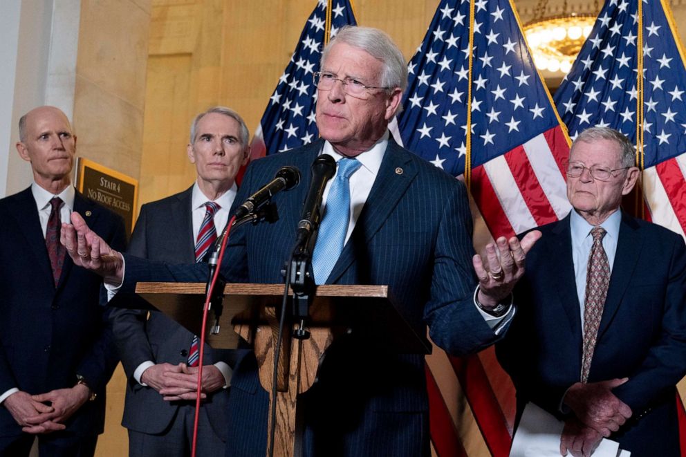 PHOTO: Sen. Roger Wicker, center, speaks during the Senate Armed Services and Senate Foreign Relations GOP news conference on Capitol Hill in Washington, Jan. 19, 2022.