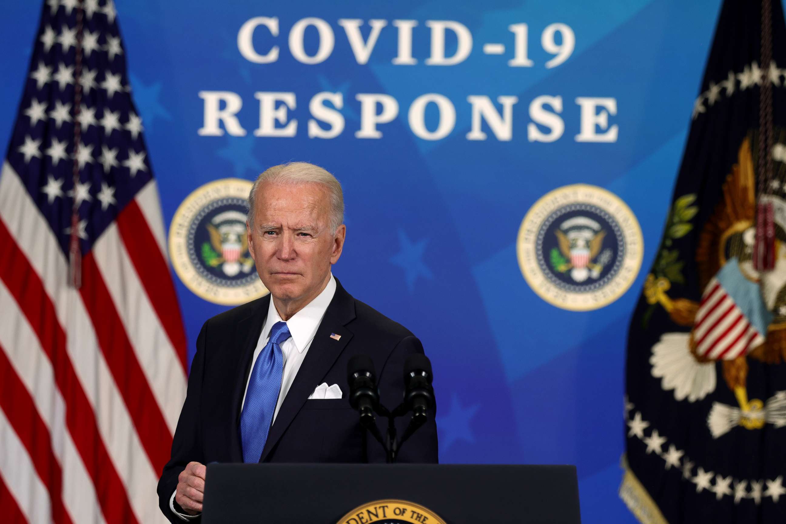 PHOTO: President Joe Biden speaks during an event in the South Court Auditorium of the Eisenhower Executive Office Building in Washington, March 10, 2021.